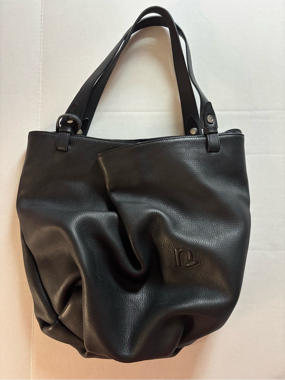 Black leather shoulder tote bag
